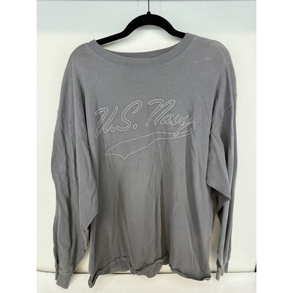 Vintage Oarsman 913 Men's Gray United States Navy Script Long Sleeve Tee Size XL